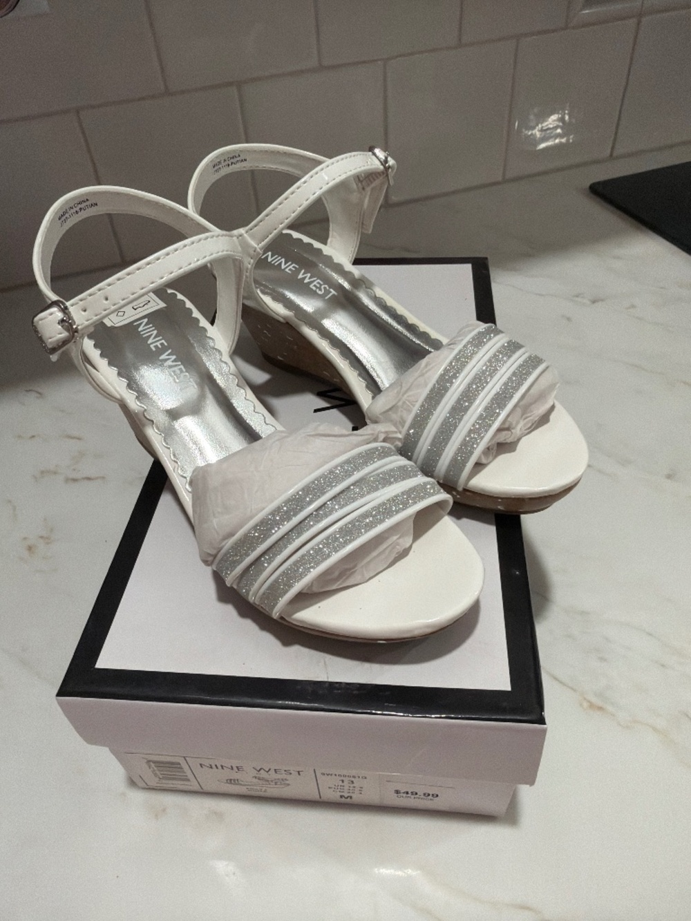 Nine West Girls 13 Emily 2 White wedge sandal with silver glitter. New in box